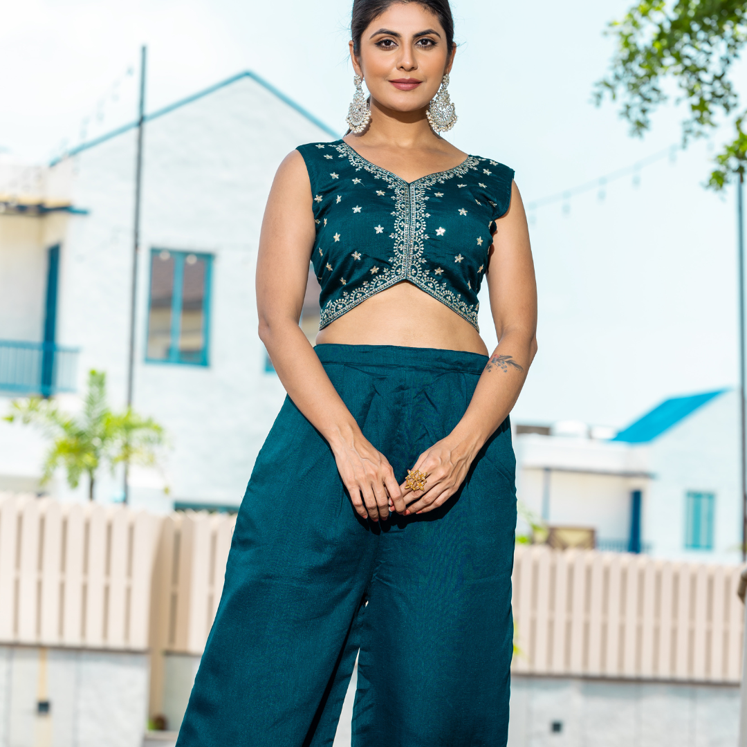 Midnight Rama Green Crop Top and Palazzo Set with Shrug