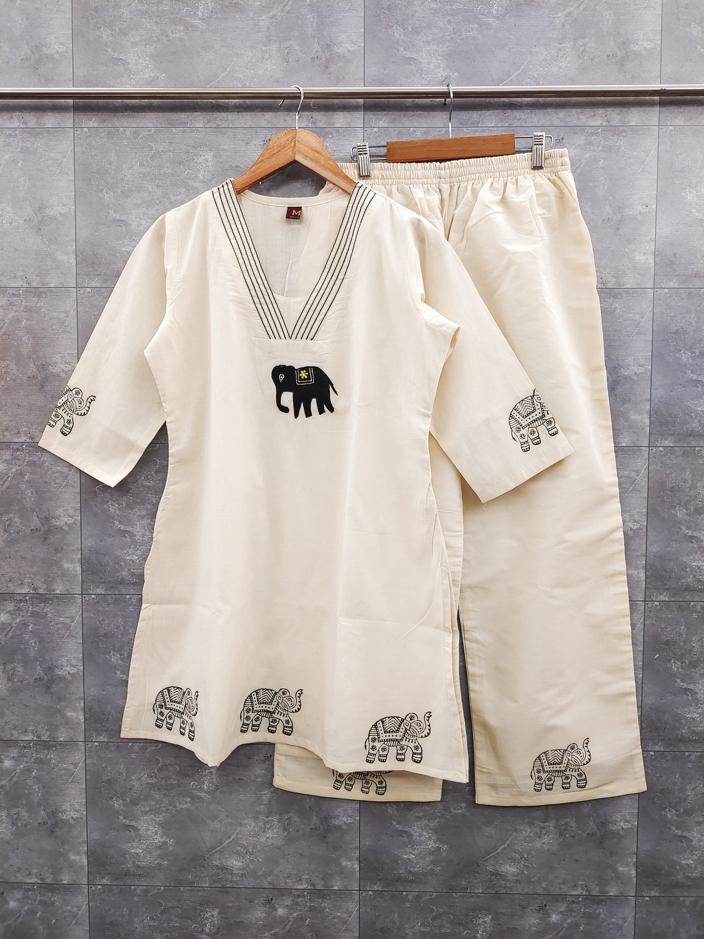 Elephant Embroidered Cotton Co-ord Set – Noir Black
