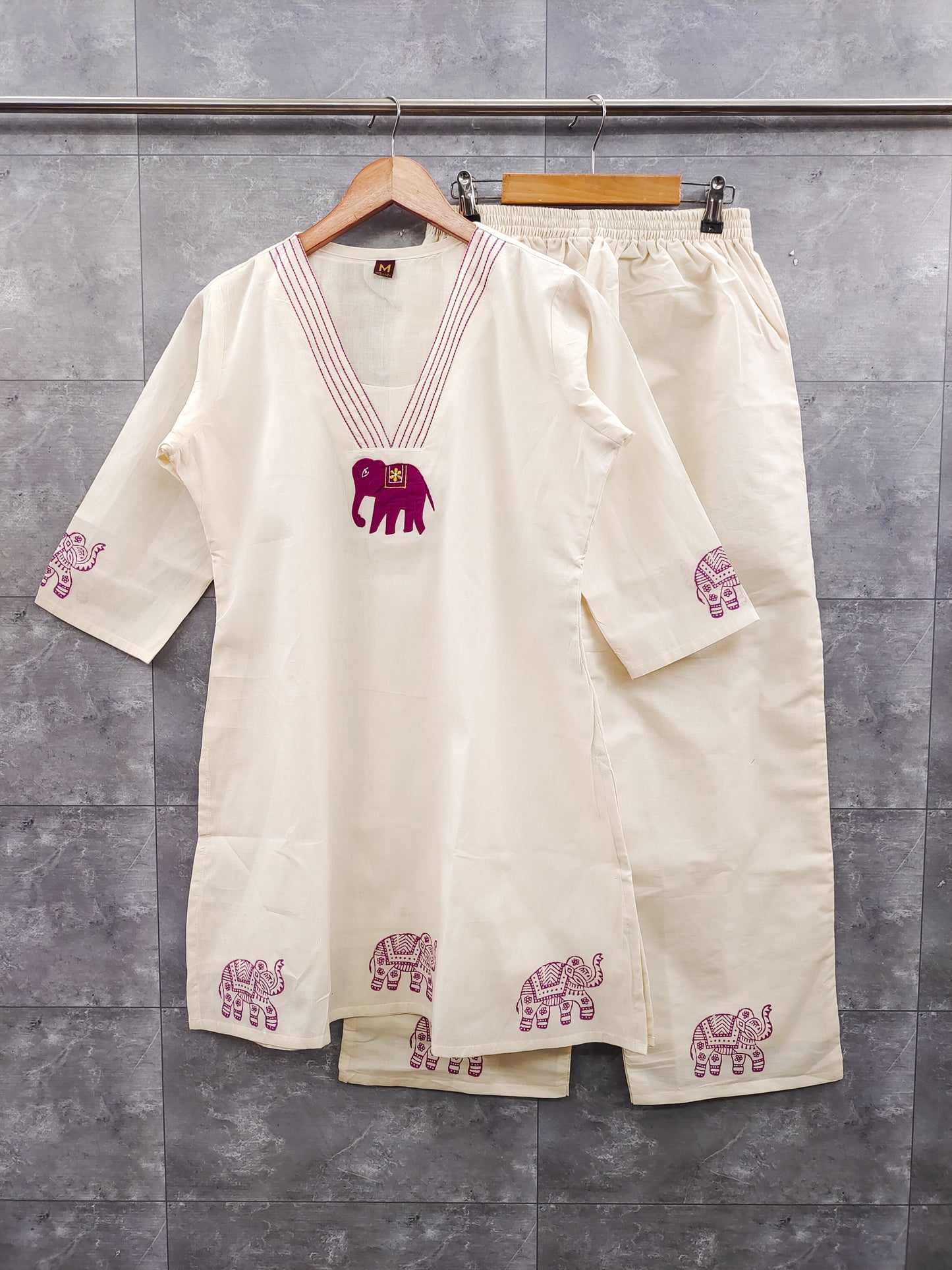 Elephant Embroidered Cotton Co-ord Set – Rouge Red