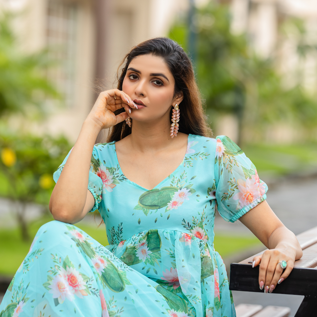 Pastel Blue Floral Empire Waist Gown