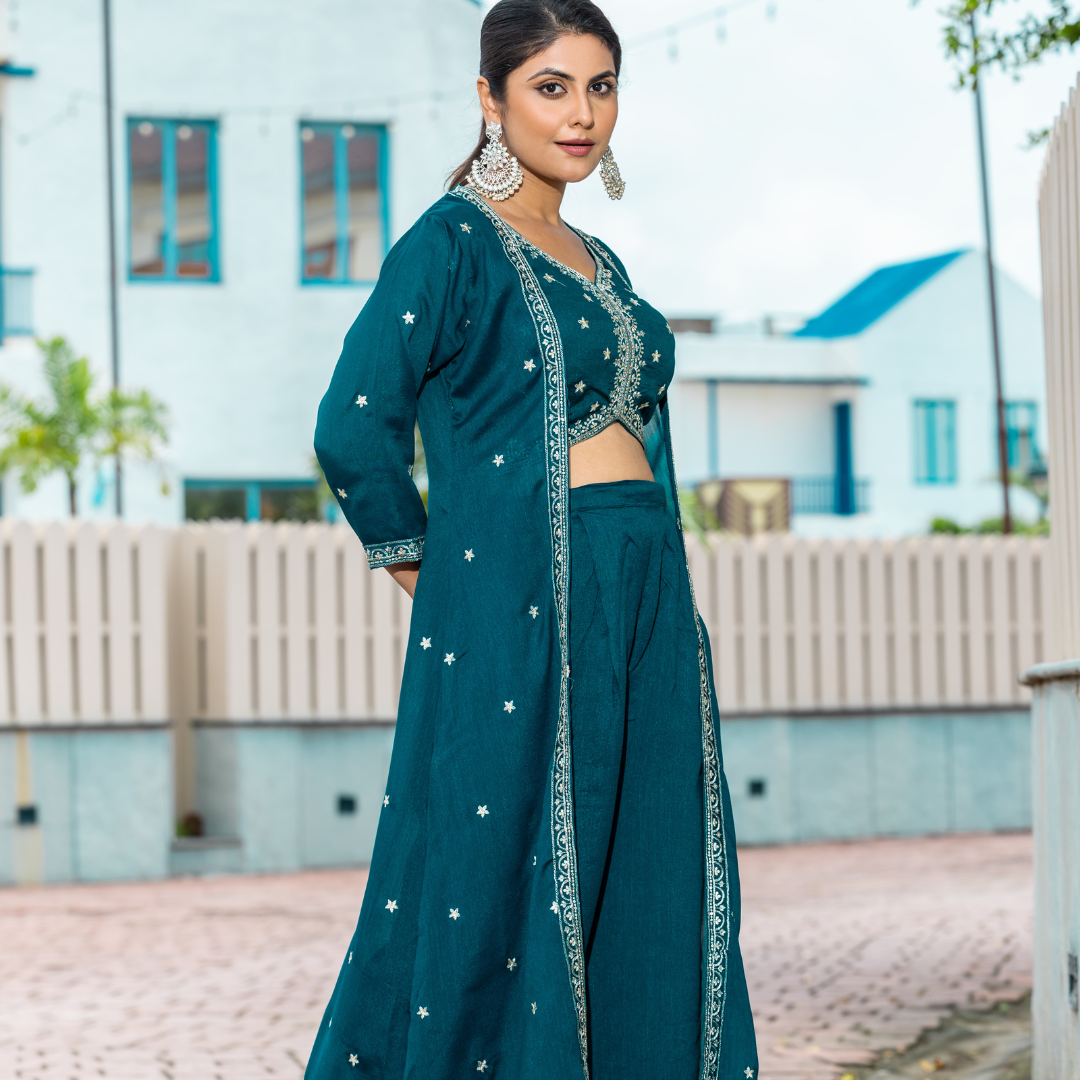Midnight Rama Green Crop Top and Palazzo Set with Shrug