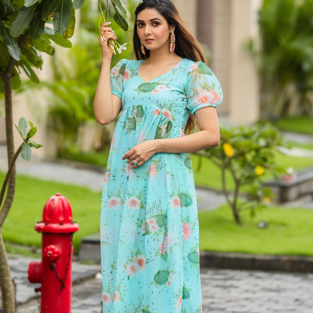 Pastel Blue Floral Empire Waist Gown