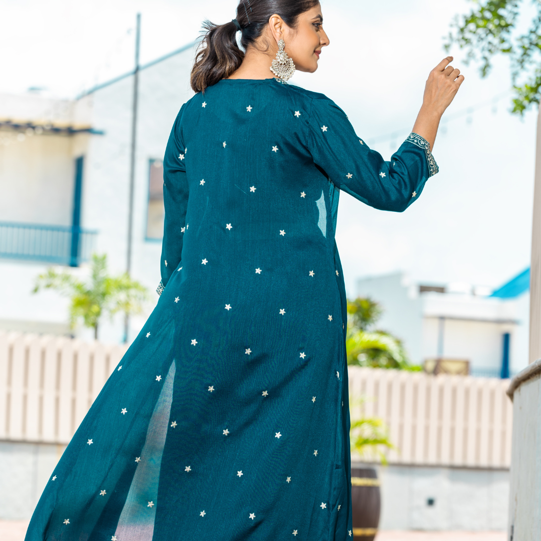 Midnight Rama Green Crop Top and Palazzo Set with Shrug