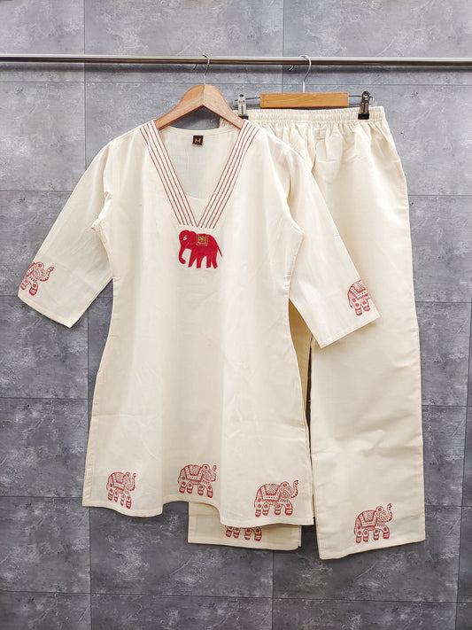 Elephant Embroidered Cotton Co-ord Set – Plum Pink