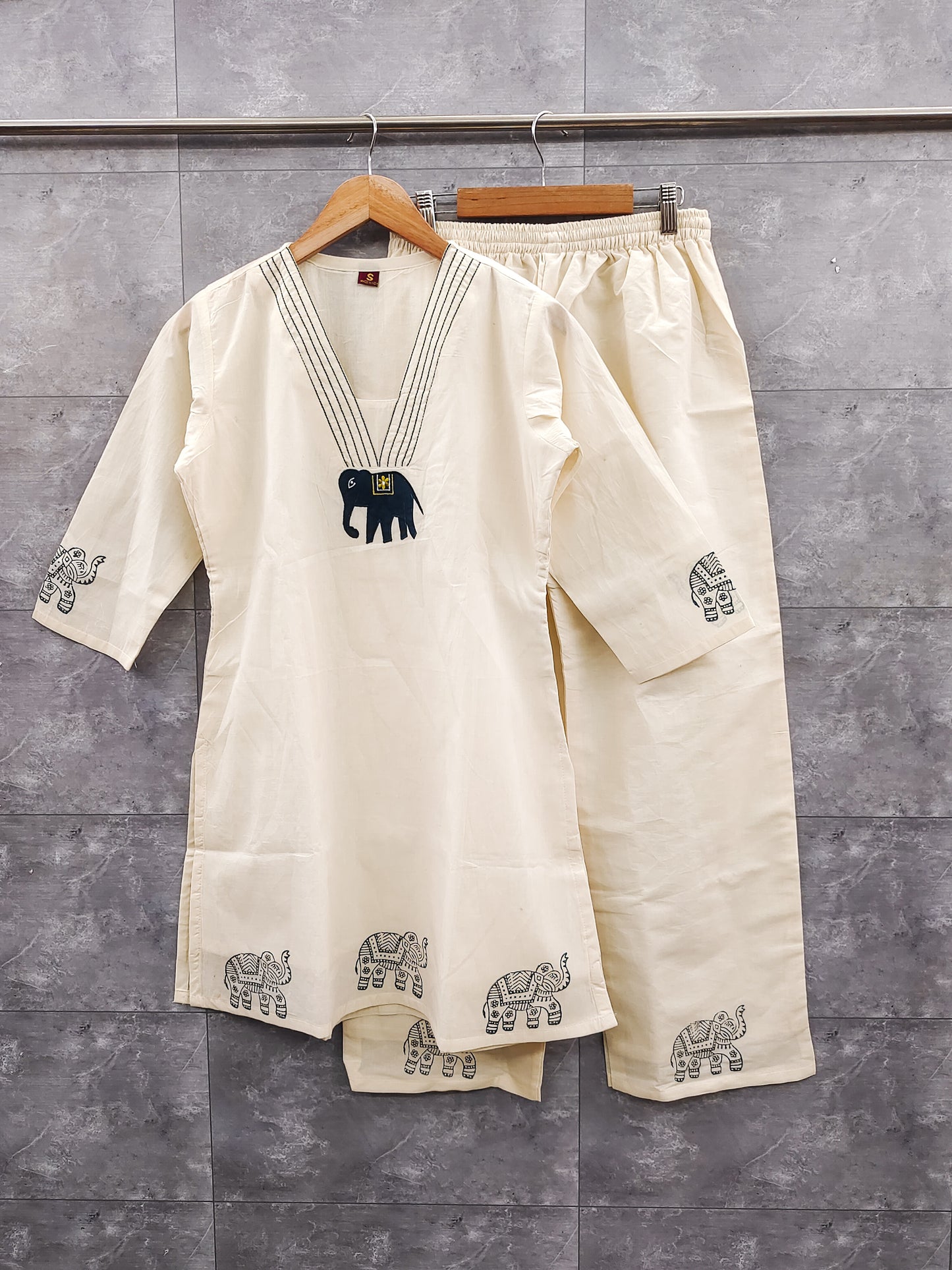 Elephant Embroidered Cotton Co-ord Set – Ink Blue