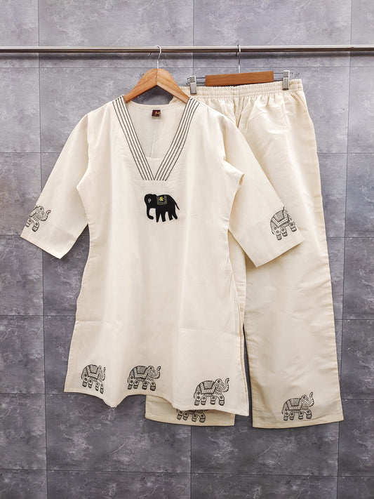Elephant Embroidered Cotton Co-ord Set – Noir Black