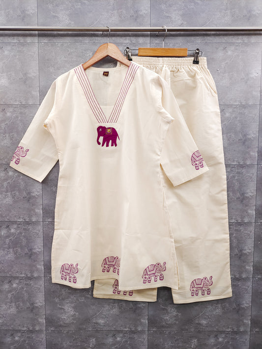 Elephant Embroidered Cotton Co-ord Set – Rouge Red