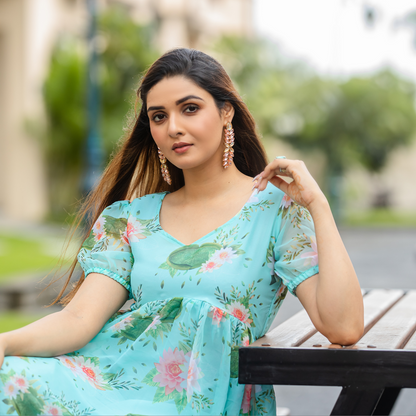 Pastel Blue Floral Empire Waist Gown