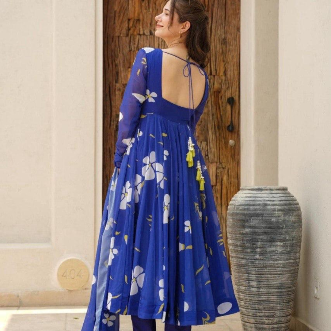 Blue Elegent Salvar Suit Georgette With Digital Print Fully Flair With Sleeve