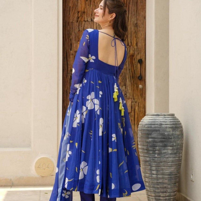 Blue Elegent Salvar Suit Georgette With Digital Print Fully Flair With Sleeve