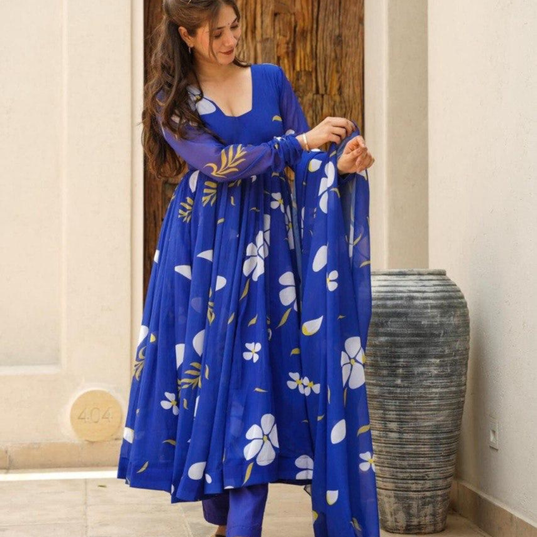 Blue Elegent Salvar Suit Georgette With Digital Print Fully Flair With Sleeve
