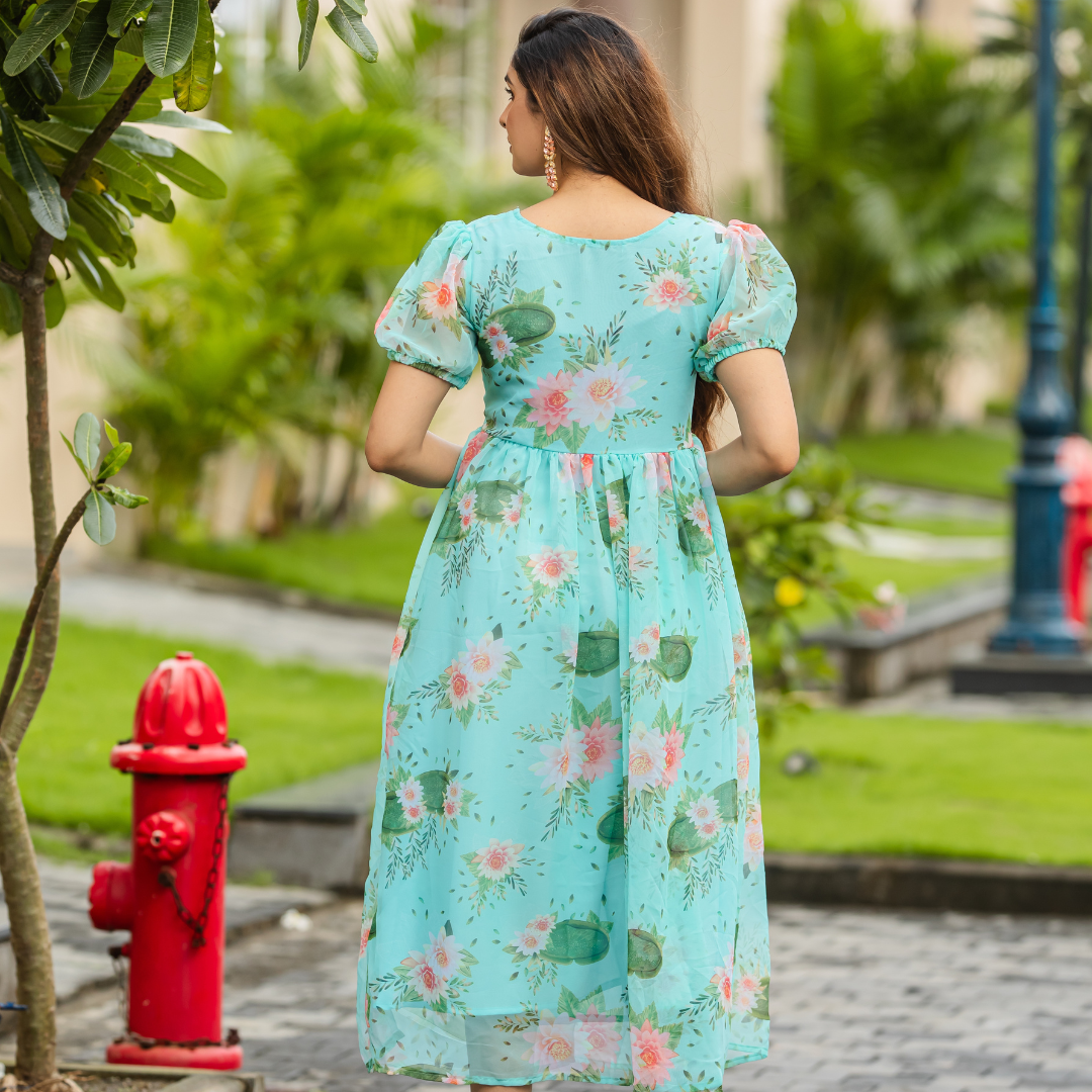 Pastel Blue Floral Empire Waist Gown