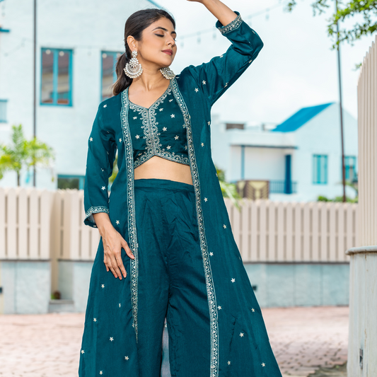 Midnight Rama Green Crop Top and Palazzo Set with Shrug