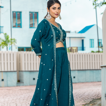 Midnight Rama Green Crop Top and Palazzo Set with Shrug