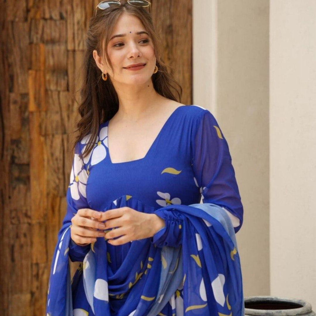 Blue Elegent Salvar Suit Georgette With Digital Print Fully Flair With Sleeve