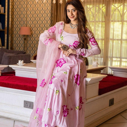 Pink  Elegent Salvar Suit Georgette With Digital Print Fully Flair With Sleeve