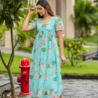 Pastel Blue Floral Empire Waist Gown