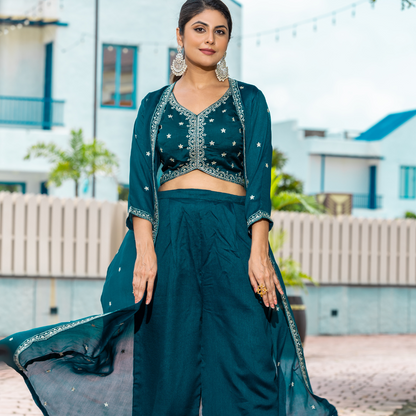 Midnight Rama Green Crop Top and Palazzo Set with Shrug