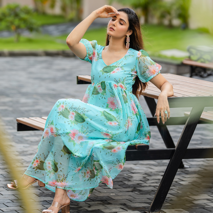 Pastel Blue Floral Empire Waist Gown