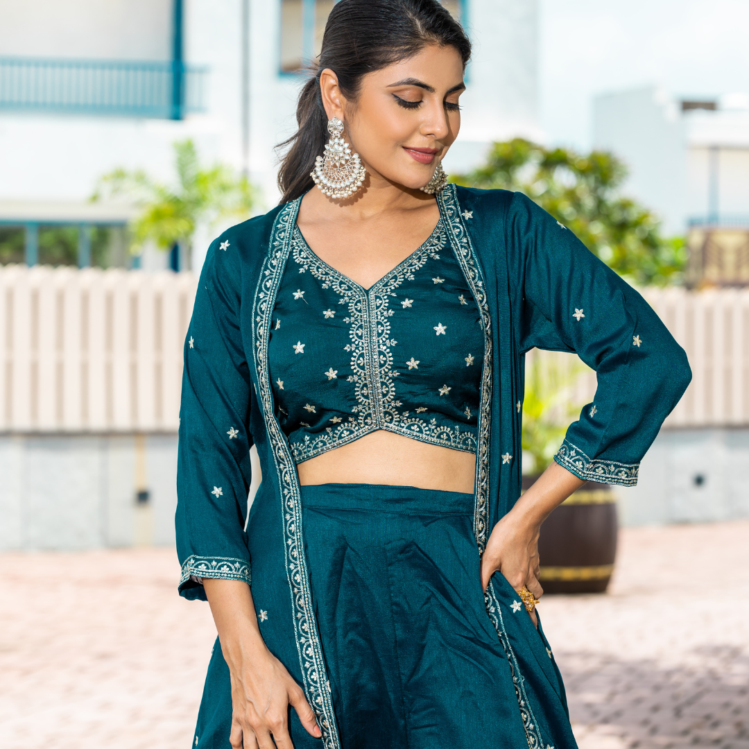 Midnight Rama Green Crop Top and Palazzo Set with Shrug